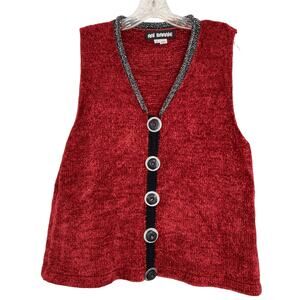 Ani Barrie Sleeveless Vest Red Knit Button Up Lagenlook Size Medium